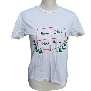 White T Shirt Banner Day Embroidered Cotton Linen Blend Top